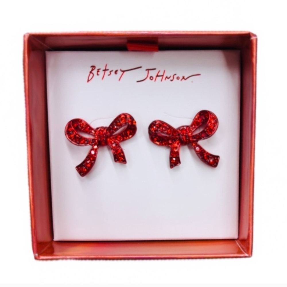 ❤️🔹Betsey Johnson 🔹️Love Spell Red Bow Stud Earrings Crystal Accents - Picture 8 of 12